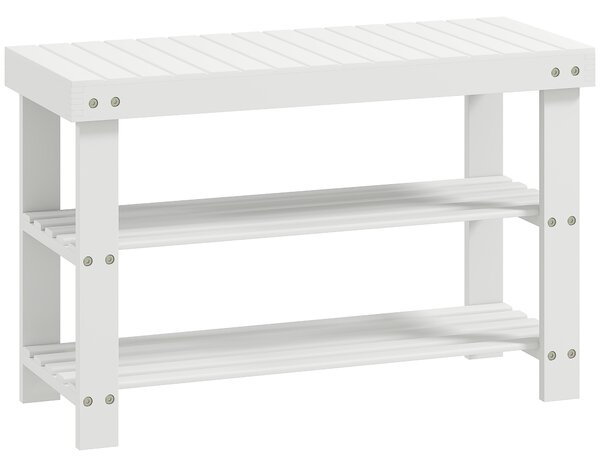 HOMCOM Panca Scarpiera Bassa in Bambù con 2 Ripiani a Doghe e Seduta, 70x28x45 cm, Bianco | Aosom Italy