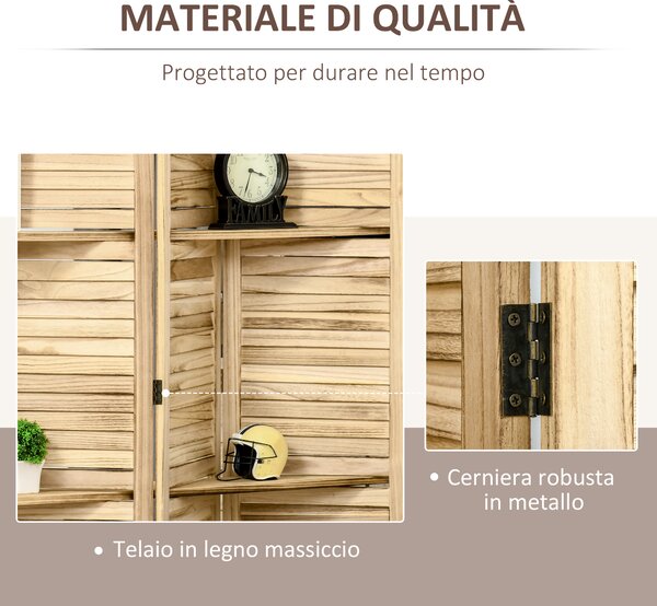 HOMCOM Paravento Divisorio per Interni Pieghevole a 4 Ante con Ripiani in Legno di Paulonia, 162x170 cm, Legno | Aosom Italy