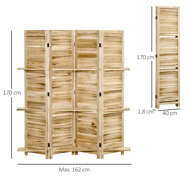 HOMCOM Paravento Divisorio per Interni Pieghevole a 4 Ante con Ripiani in Legno di Paulonia, 162x170 cm, Legno | Aosom Italy