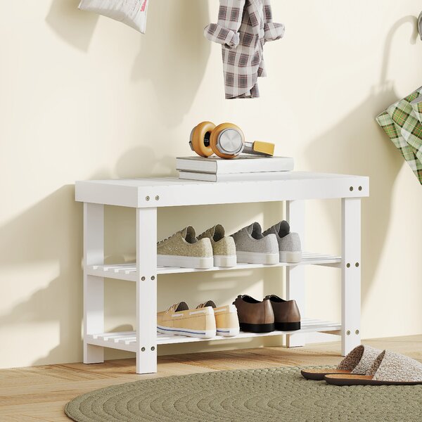HOMCOM Panca Scarpiera Bassa in Bambù con 2 Ripiani a Doghe e Seduta, 70x28x45 cm, Bianco | Aosom Italy
