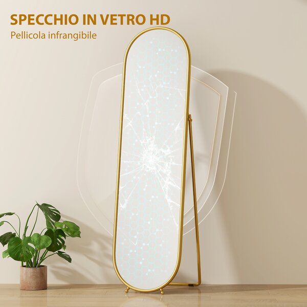HOMCOM Specchio a Figura Intera da Terra con Supporto Pieghevole, Vetro e Metallo, 50x4x180 cm, Oro | Aosom Italy