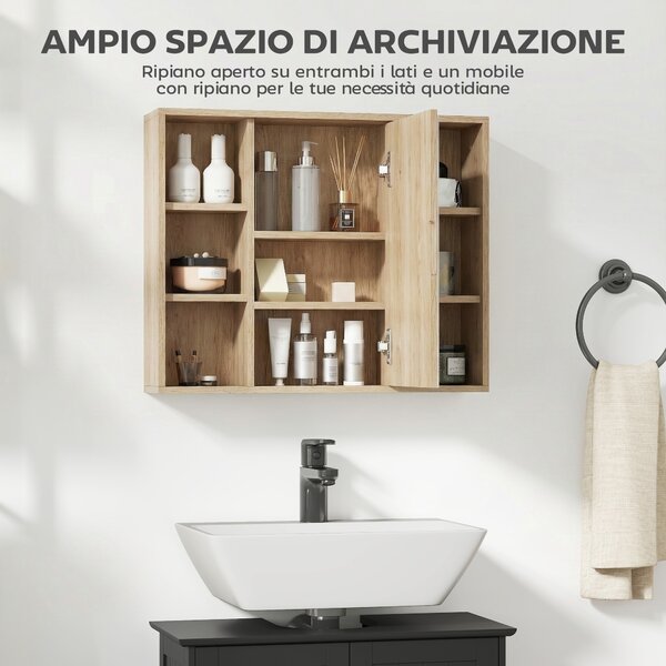 HOMCOM Armadietto con Specchio in MDF e Truciolato con 3 Ripiani Laterali e Ripiano Regolabile Interno, 60x14.5x49.4 cm | Aosom Italy