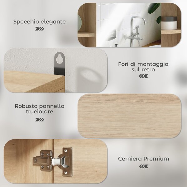 HOMCOM Armadietto con Specchio in MDF e Truciolato con 3 Ripiani Laterali e Ripiano Regolabile Interno, 60x14.5x49.4 cm | Aosom Italy
