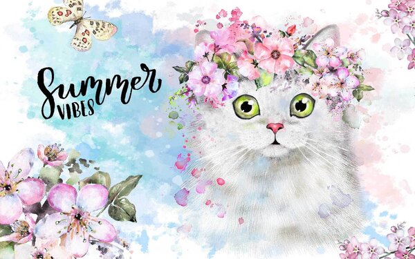 Carta da parati Gatto con fiori in testa, Carta da parati Gatti, Carta da parati popolare, u30547 - Tapeko.it