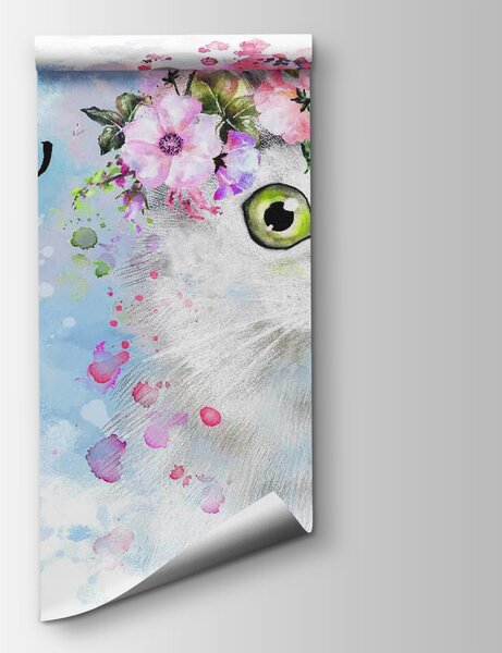 Carta da parati Gatto con fiori in testa, Carta da parati Gatti, Carta da parati popolare, u30547 - Tapeko.it