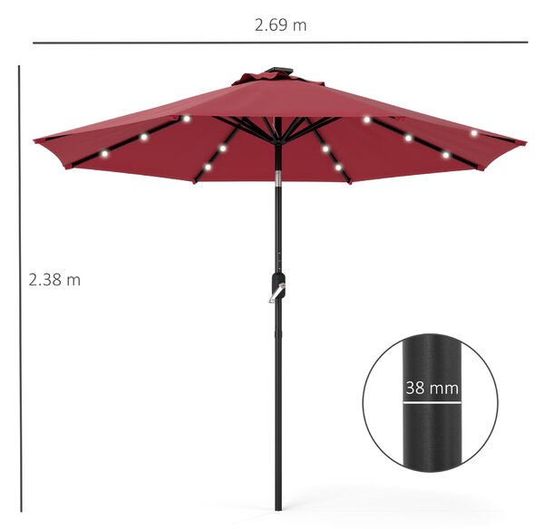 Outsunny Ombrellone Angolazione Regolabile con Luci LED Multicolore da Giardino, in Metallo e Poliestere, Φ275x233 cm, Rosso | Aosom Italy