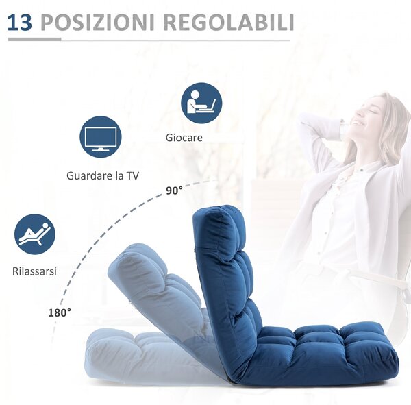 HOMCOM Poltrona da Terra in Velluto con Schienale Reclinabile fino 180° e Imbottitura Spessa, 55x71x53.5cm, Blu | Aosom Italy