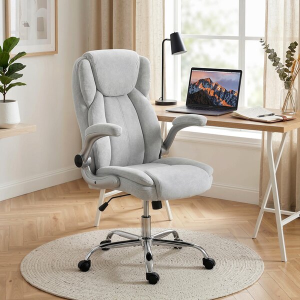 HOMCOM Sedia Ergonomica, Schienale Alto Velluto Stampato, Braccioli Ribaltabili, Bianco Crema | Aosom Italy