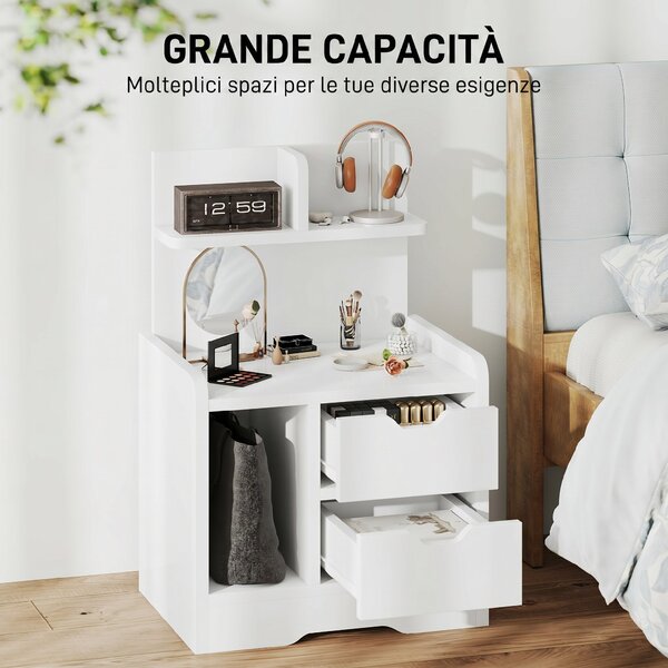HOMCOM Comodino Camera da Letto con 2 Cassetti e Mensole Portaoggetti, Comodino Moderno in Legno, Bianco Lucido | Aosom Italy
