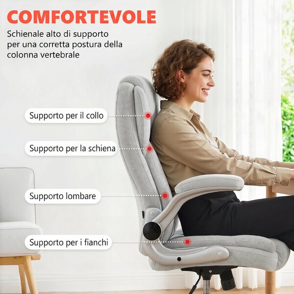 HOMCOM Sedia Ergonomica, Schienale Alto Velluto Stampato, Braccioli Ribaltabili, Bianco Crema | Aosom Italy