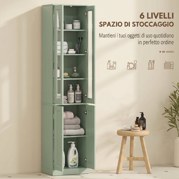 HOMCOM Mobile bagno alto a 6 ripiani con ripiano regolabile, verde salvia | Aosom Italy