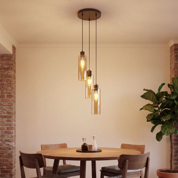 Lampada a sospensione Hotel Chic bronzo scuro con vetro ambrato a 3 luci - Stavelot