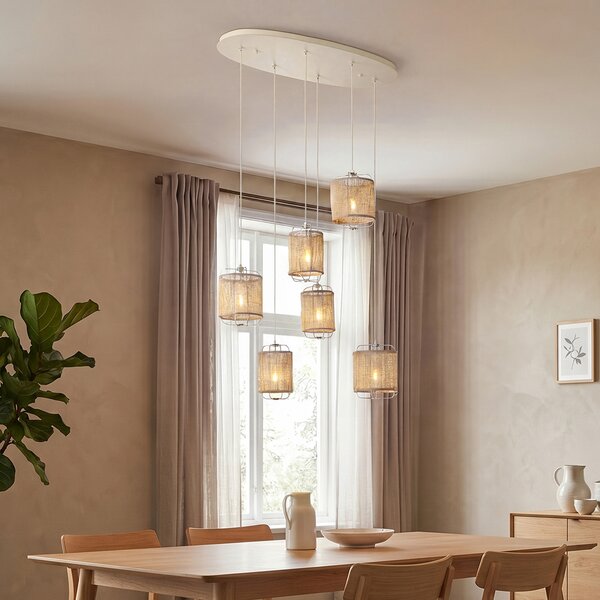 Lampada a sospensione Japandi beige con paralumi in tessuto 6 luci - Yente