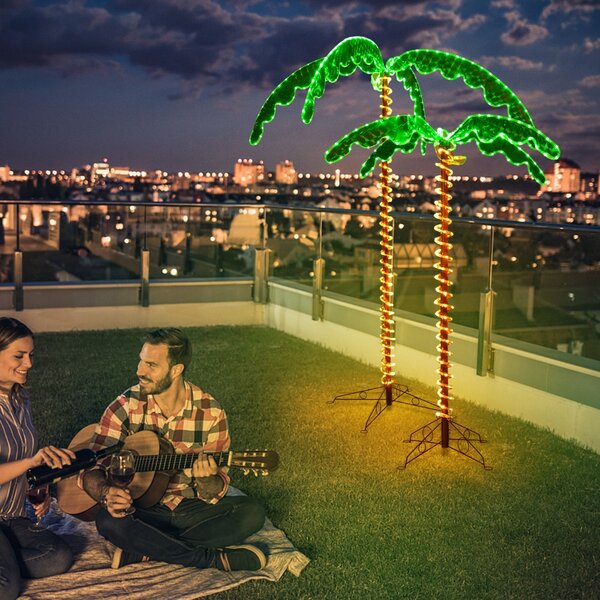 Costway Palma artificiale con luci LED e pali solidi, Palma decorativa illuminata con base pieghevole 175x120x218cm