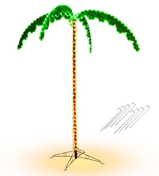 Costway Palma artificiale con luci LED e pali solidi, Palma decorativa illuminata con base pieghevole 175x120x218cm