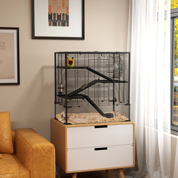 PawHut Gabbia per Criceti con Fondo in Vetro, Recinto a 4 Livelli con Casetta e Accessori, 78,5x48,5x80 cm, Nero | Aosom Italy