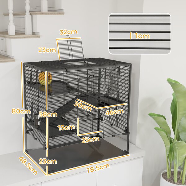 PawHut Gabbia per Criceti con Fondo in Vetro, Recinto a 4 Livelli con Casetta e Accessori, 78,5x48,5x80 cm, Nero | Aosom Italy