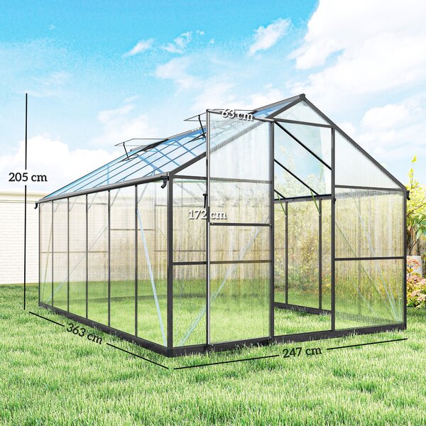 Outsunny Serra da Giardino con Finestre Superiori Regolabili, in Alluminio e Policarbonato, 363x247x205 cm, Nero | Aosom Italy
