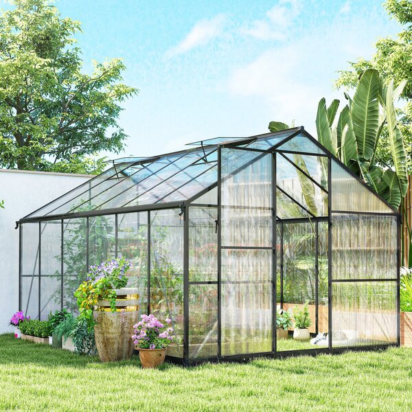 Outsunny Serra da Giardino con Finestre Superiori Regolabili, in Alluminio e Policarbonato, 363x247x205 cm, Nero | Aosom Italy