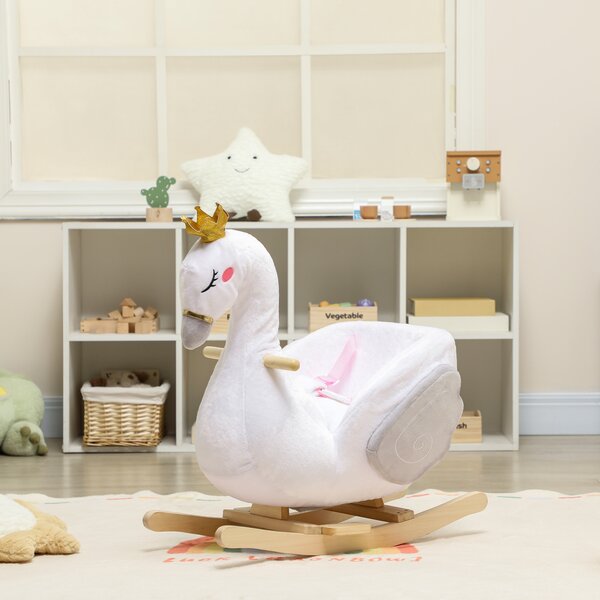 AIYAPLAY Gioco a Dondolo, Cigno a Dondolo con Ninna Nanna e Imbottitura Soffice, per Bambini 1,5-3 Anni, Struttura in Legno, 65x40x68 cm, Bianco | Aosom Italy