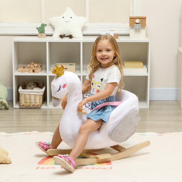 AIYAPLAY Gioco a Dondolo, Cigno a Dondolo con Ninna Nanna e Imbottitura Soffice, per Bambini 1,5-3 Anni, Struttura in Legno, 65x40x68 cm, Bianco | Aosom Italy