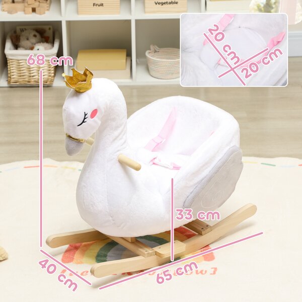 AIYAPLAY Gioco a Dondolo, Cigno a Dondolo con Ninna Nanna e Imbottitura Soffice, per Bambini 1,5-3 Anni, Struttura in Legno, 65x40x68 cm, Bianco | Aosom Italy