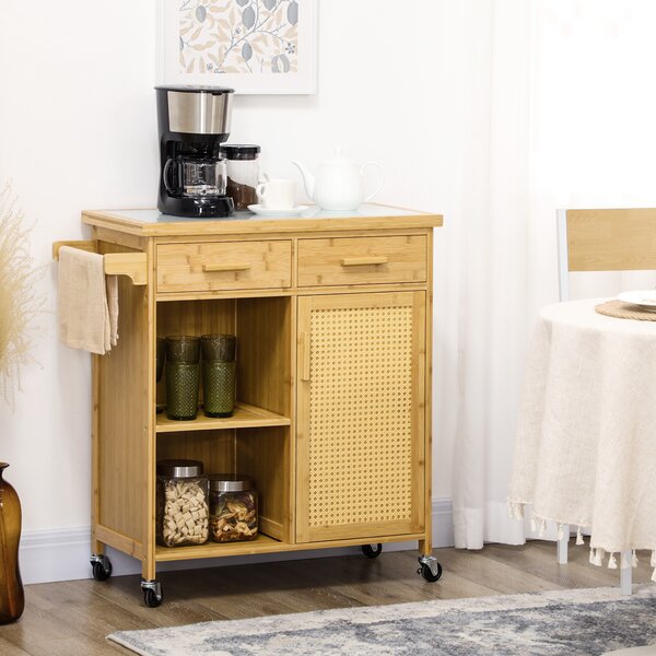 HOMCOM Carrello da Cucina in Bambù, Carrello Multifunzionale di Servizio con 2 Cassetti, 1 Armadietto e 2 Ripiani, Naturale | Aosom Italy