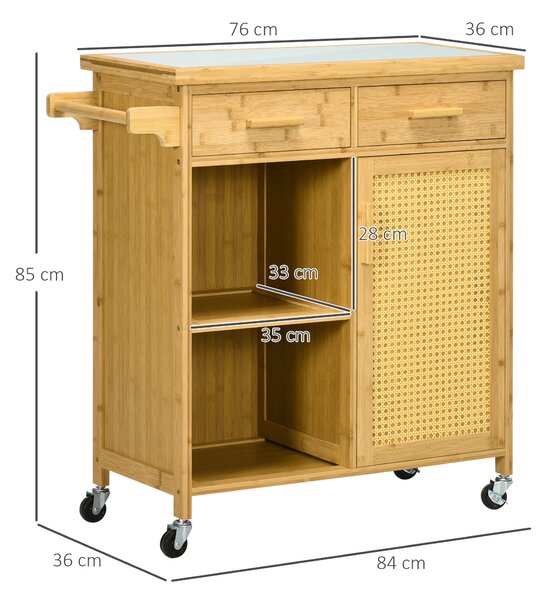 HOMCOM Carrello da Cucina in Bambù, Carrello Multifunzionale di Servizio con 2 Cassetti, 1 Armadietto e 2 Ripiani, Naturale | Aosom Italy