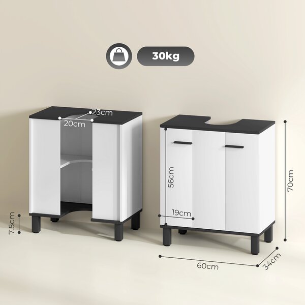 HOMCOM Mobile Sotto Lavabo con 2 Ante e Ripiano Regolabile, 60x34x70 cm, Bianco Lucido | Aosom Italy