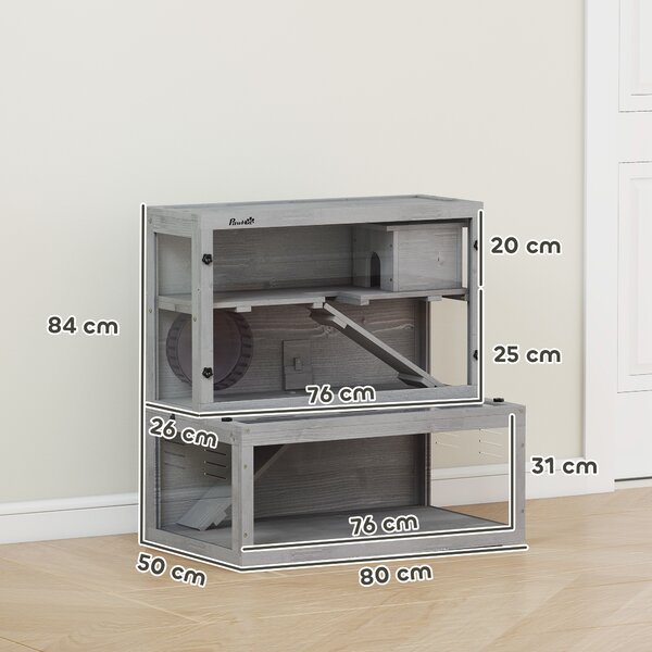 PawHut Gabbia per Criceti in Legno, 3 Livelli con Casetta, Ruota, Rampe, Pannello Trasparente e Spazi Separati, 80x50x84 cm, Grigio | Aosom Italy
