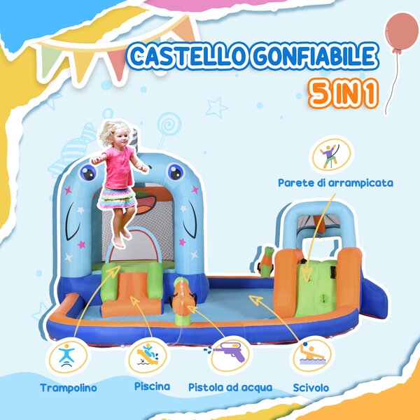 Outsunny Gioco Gonfiabile per Bambini 3-8 Anni con Borsa da Trasporto, 12 Paletti e Toppe Inclusi, 420x370x230 cm | Aosom Italy