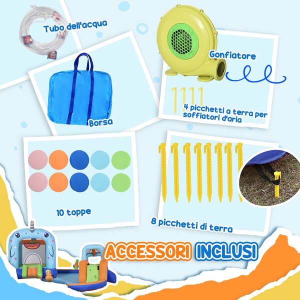 Outsunny Gioco Gonfiabile per Bambini 3-8 Anni con Borsa da Trasporto, 12 Paletti e Toppe Inclusi, 420x370x230 cm | Aosom Italy