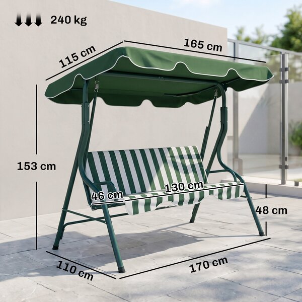 Outsunny Dondolo Giardino 3 Posti con Tettuccio Regolabile e Cuscini, Dondolo da Esterno in Acciaio e Poliestere, 170x110x153 cm, Verde | Aosom Italy