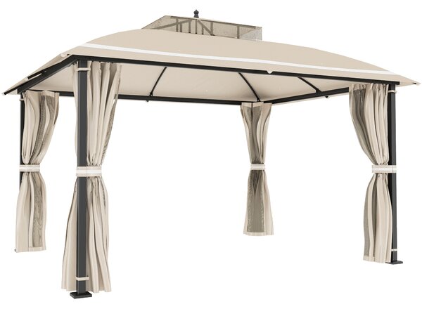 Outsunny Gazebo da Giardino 3.7 x 3 m con Zanzariera, Tende Laterali e Doppio Tetto, Beige|Aosom