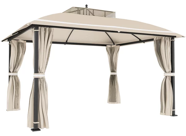 Outsunny Gazebo da Giardino 3.7 x 3 m con Zanzariera, Tende Laterali e Doppio Tetto, Beige|Aosom