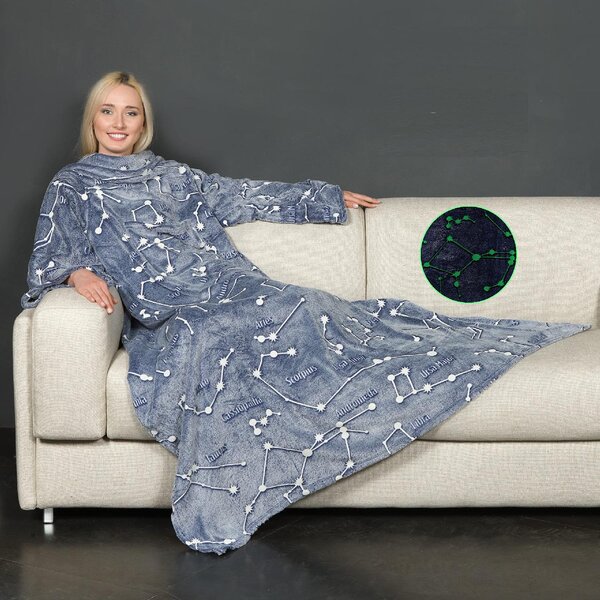 Kanguru Coperta con maniche 140 x 180 cm Plaid Colore Blu con Costellazioni Luminose - Glow in The Dark- 1154