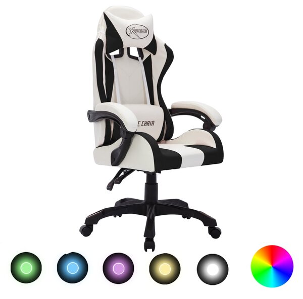 Lussuosa sedia da ufficio regolabile per gaming con luci LED RGB, in Pelle finta bianca e nera, resistente e confortevole