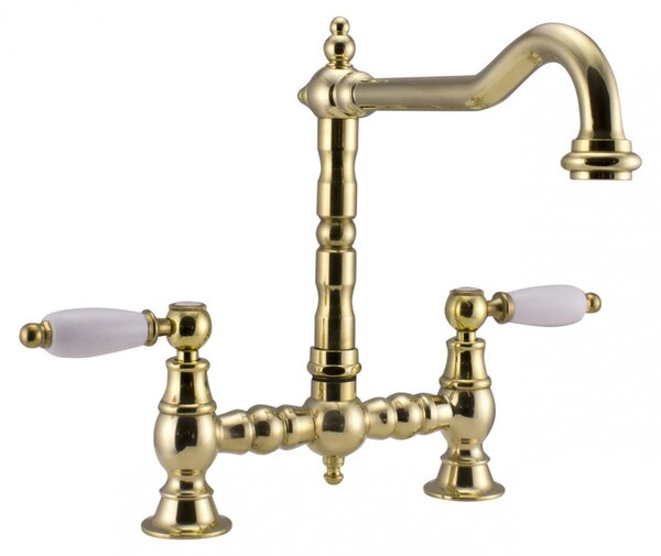 PB Rubinetto da cucina in stile retrò, ottone naturale, bocca ad angolo, con maniglie bianche 1208954672