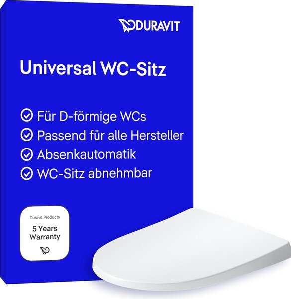 Sedile WC Duravit Univavo, sedile WC a forma di D, sedile WC con doppio meccanismo di chiusura automatica, coperchio WC Quick Release per un facile montaggio, coperchio WC prodotto nell'UE, urea-duroplast, cerniere in acciaio inossidabile, bianco