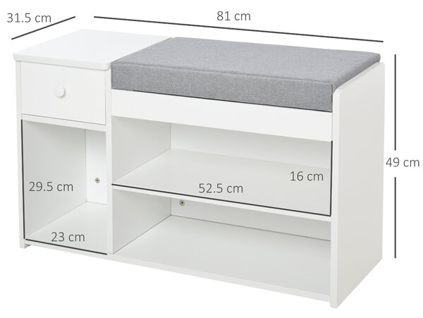 HOMCOM Panca Scarpiera con 3 Vani Aperti, Cuscino e Cassetto, Struttura robusta in legno truciolare, 81x31.5x49cm, Bianco|Aosom Italy