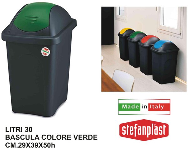 STEFANPLAST Pattumiera Basculante litri 30 Nero Coperchio Verde - 70214