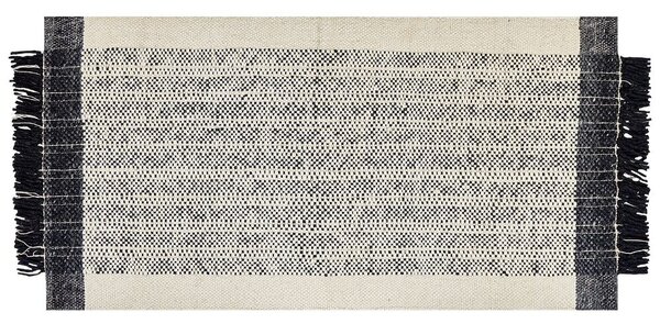 Tappeto bianco e nero lana cotone 80 x 150 cm intrecciato a mano rettangolare con frange Beliani