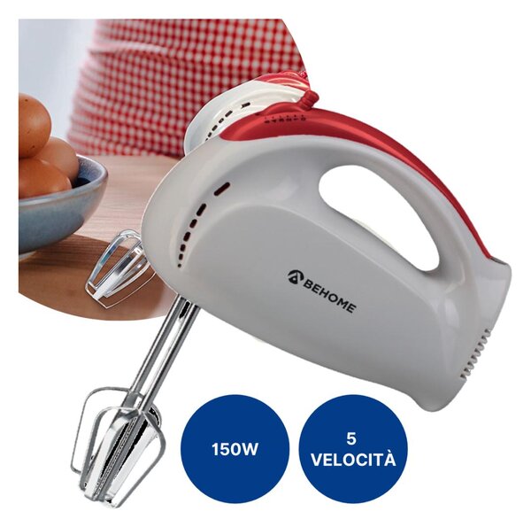 BEHOME Sbattitore Elettrico Mixer 4 Fruste Potenza 150 Watt 5 Velocit colore Bianco e Rosso - BEP881864