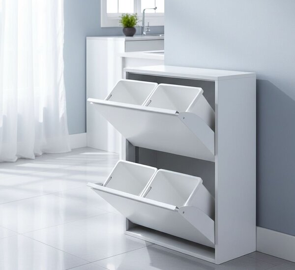 Pattumiera Bianco Capacità 72 (18 per Secchio) Fissaggio a Muro Opzionale 60x25x93h cm, 4 Cestini - Anukhatun