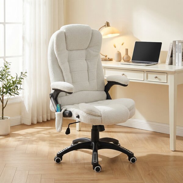 Vinsetto Poltrona Ufficio Massaggiante con Altezza Regolabile e Telecomando, sedia Ergonomica in Tessuto Lino, 67x74x107-116cm, Bianco|Aosom Italy