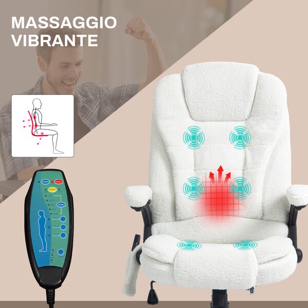 Vinsetto Poltrona Ufficio Massaggiante con Altezza Regolabile e Telecomando, sedia Ergonomica in Tessuto Lino, 67x74x107-116cm, Bianco|Aosom Italy