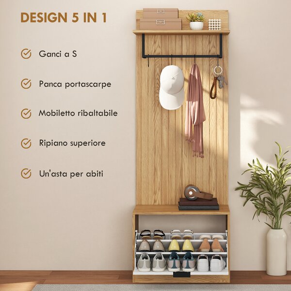 HOMCOM Mobile da Ingresso 5-in-1 con 4 Ganci a S mobili, Panca Scarpiera e Appendiabiti, 60x30x170 cm, Rovere e Bianco | Aosom Italy