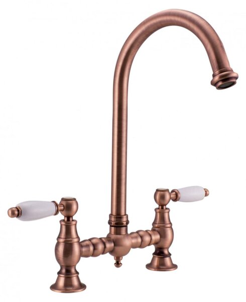 PB Rubinetto da cucina in stile retrò, bocca rotonda in rame con maniglie bianche, codice PBN.KOP.R.WH