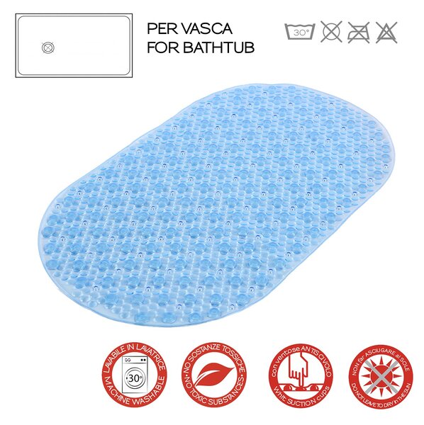 GEDY Tappetino Vasca da Bagno Antiscivolo con Ventose Tappeto rettangolare in PVC 690 x 385 x 7 mm colore Trasparente Azzurro - TAVA400P130 Solid