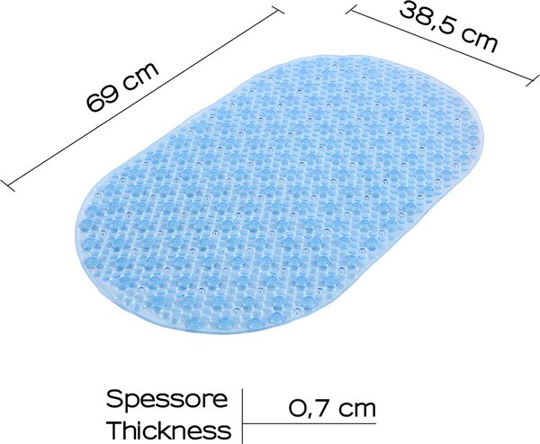 GEDY Tappetino Vasca da Bagno Antiscivolo con Ventose Tappeto rettangolare in PVC 690 x 385 x 7 mm colore Trasparente Azzurro - TAVA400P130 Solid